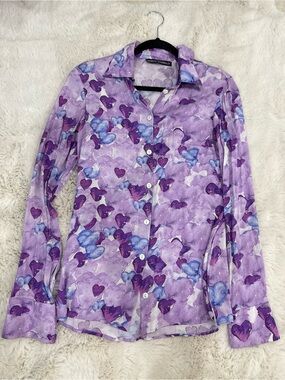 Purple Silk Heart-Print Button-Up Top